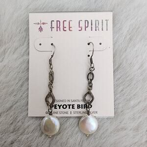 NEW Peyote Bird Free Spirit Sterling Silver White Pearl Dangle Hoop Earrings